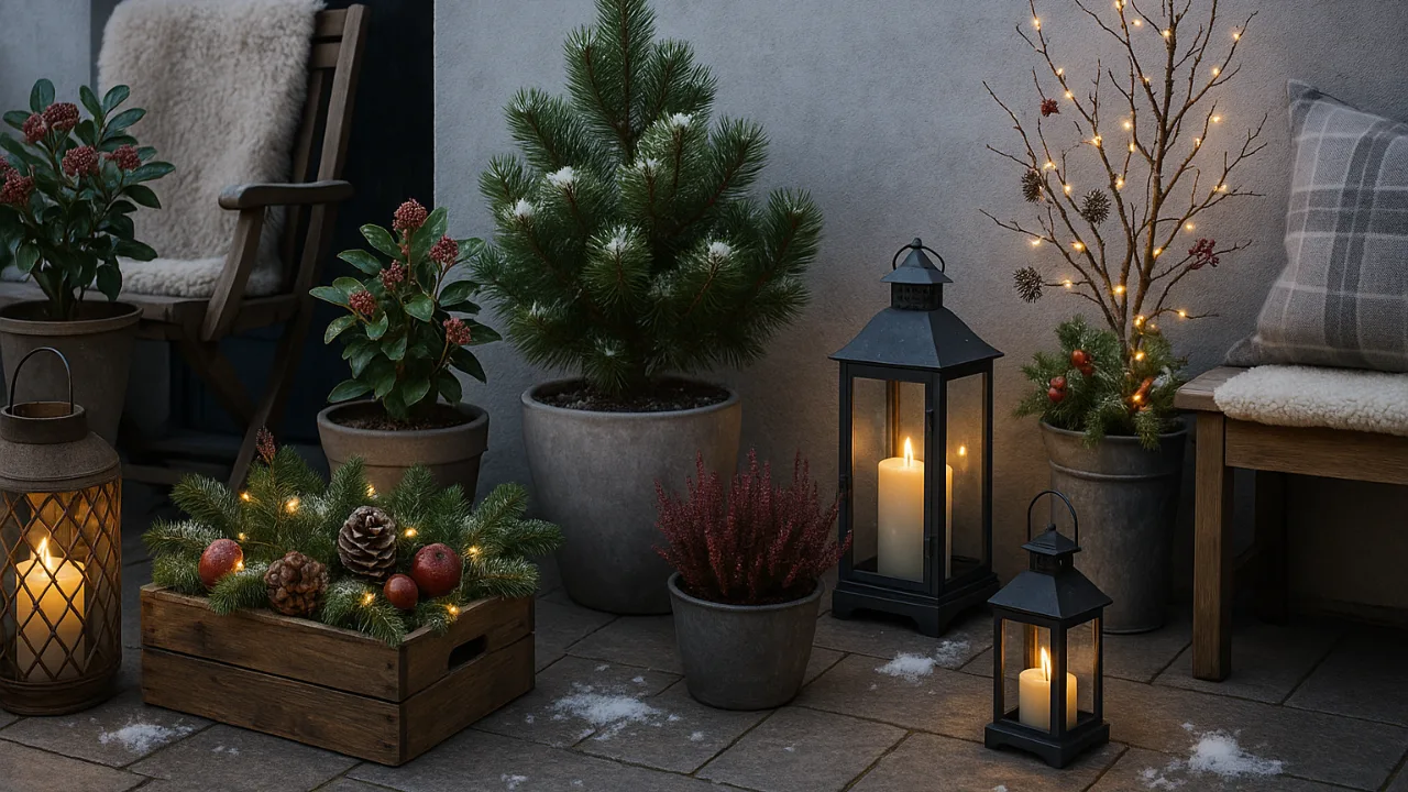 Winterdeko Terrasse mit Lichtern, Pflanzen und Laternen im Schnee