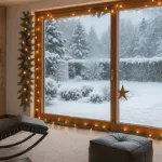 Terrassentür mit winterlichem Fensterbild, Lichterkette und Schneelandschaft