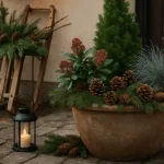 Winterdeko im Vorgarten mit Laternen, Tannenzweigen und Pflanzkübel