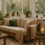 Winterdeko im Wintergarten mit Tannenzweigen, Kerzenlicht und Pflanzen