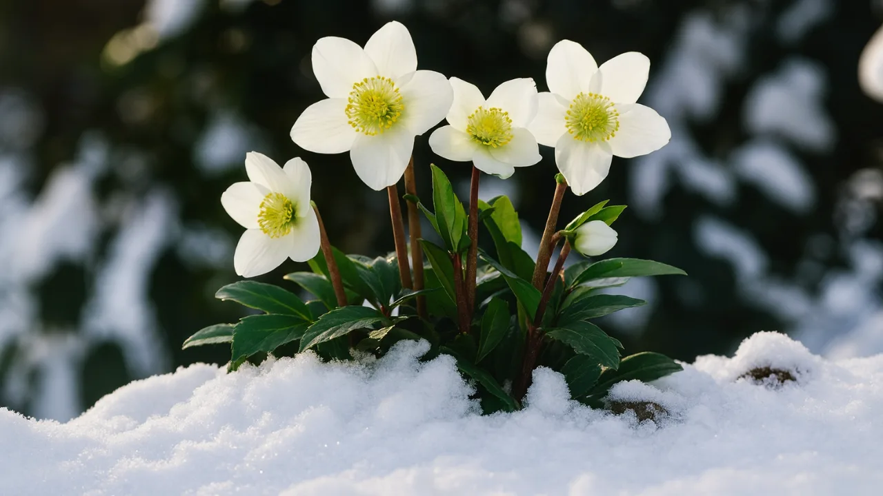 Christrosen im Schnee als stimmungsvolle Winterdeko für Weihnachten und Garten