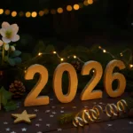 Silvesterdeko für den Gartentisch mit Kerzen, Goldzahlen 2026 und Lichterkette draußen