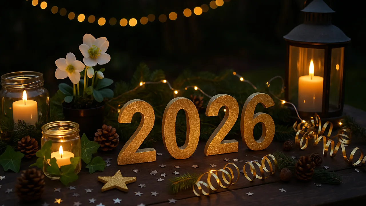 Silvesterdeko für den Gartentisch mit Kerzen, Goldzahlen 2026 und Lichterkette draußen