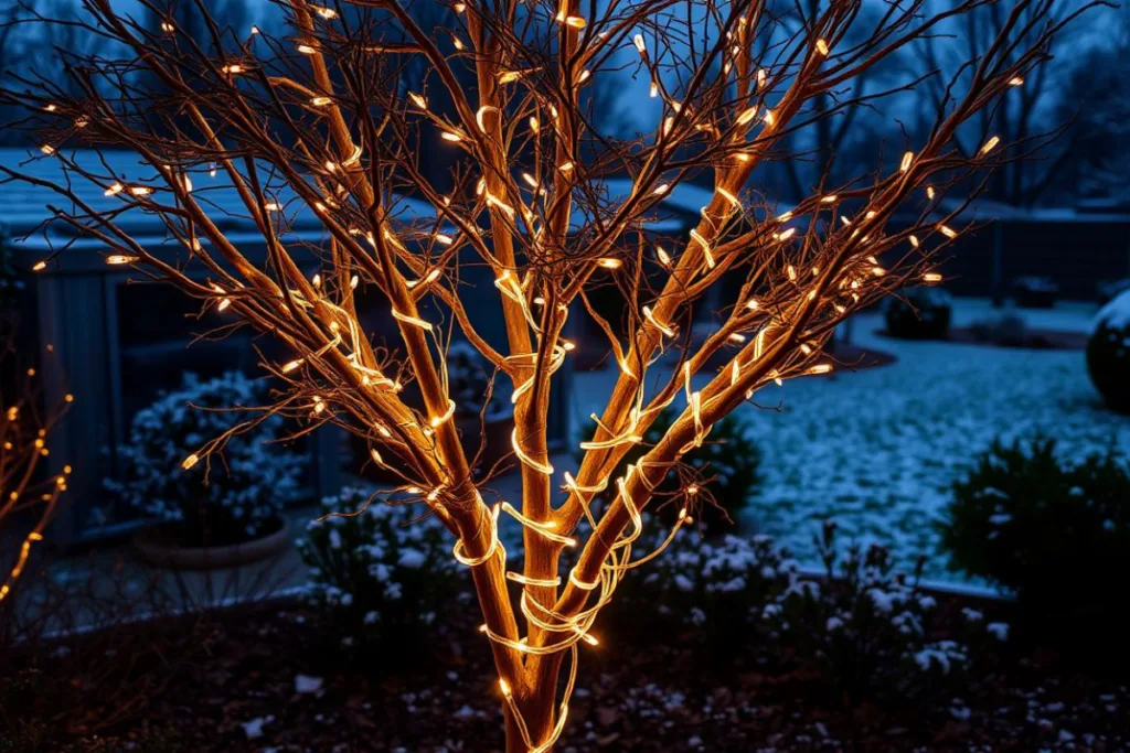 Baum im winterlichen Garten, eng umwickelt mit warmweißen Lichterketten, die stimmungsvolles Licht spenden.