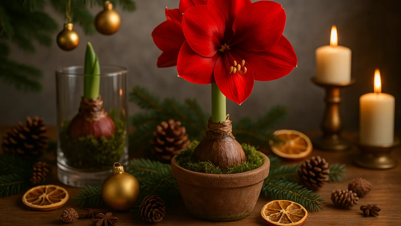 Rote Amaryllis im Topf mit Weihnachtsdeko aus Moos, Zapfen und Kerzen