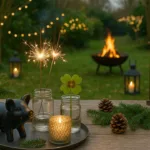 Winterlicher Garten mit Silvesterdeko, Lichterketten, Kerzen und Feuerstelle bei Nacht