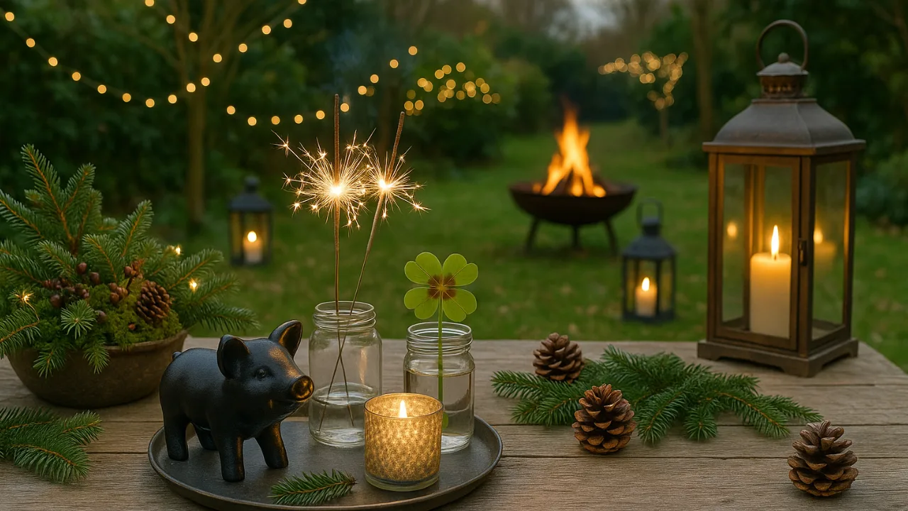 Winterlicher Garten mit Silvesterdeko, Lichterketten, Kerzen und Feuerstelle bei Nacht