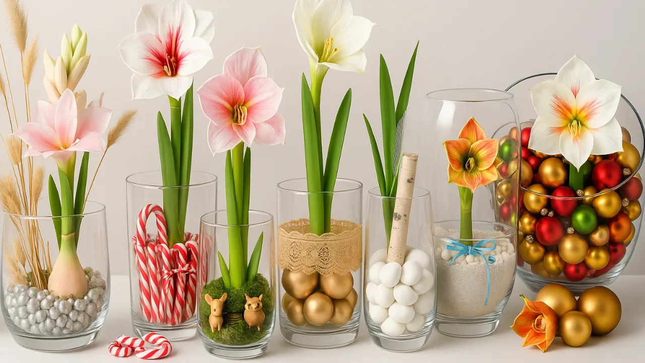 Weihnachtliche Amaryllis im Glas – 8 wunderschöne Dekoideen Weihnachtliche Amaryllis im Glas mit festlicher Deko in acht kreativen Varianten