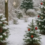 Verschneite Sträucher und Bäume mit natürlicher Weihnachtsdeko aus Kugeln und Zapfen