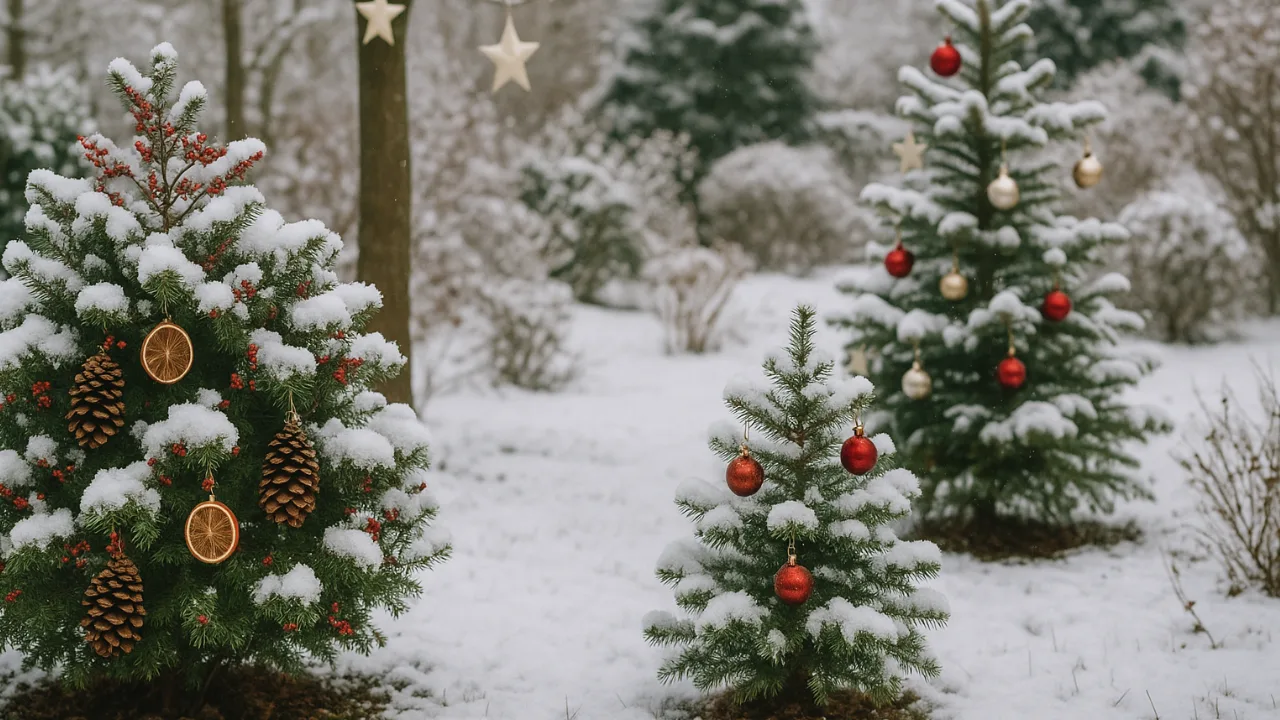 Weihnachtsdeko für Sträucher und Bäume – 6 schöne Ideen für deinen Garten Verschneite Sträucher und Bäume mit natürlicher Weihnachtsdeko aus Kugeln und Zapfen