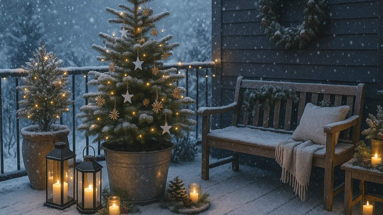 Weihnachtsdeko für die Terrasse – 6 Ideen, die echtes Weihnachts-Feeling bringen Winterliche Terrasse mit Weihnachtsdeko, Lichterketten, Kerzen und Schneefall