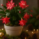 Weihnachtskaktus Deko mit Lichterkette, Moos und Tannenzapfen auf Holztisch