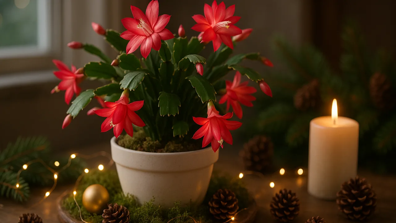 Weihnachtskaktus Deko mit Lichterkette, Moos und Tannenzapfen auf Holztisch