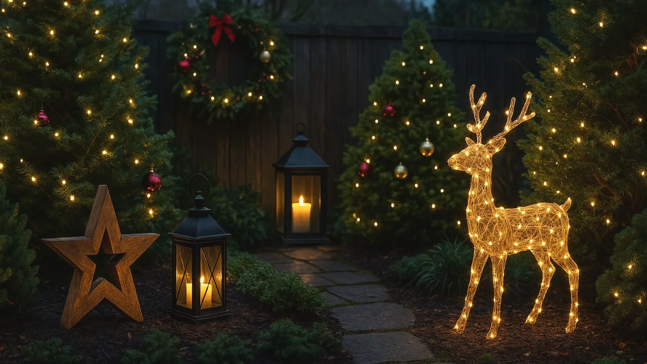 Weihnachtsdeko im Garten mit Lichterketten, Laternen und leuchtendem Rentier