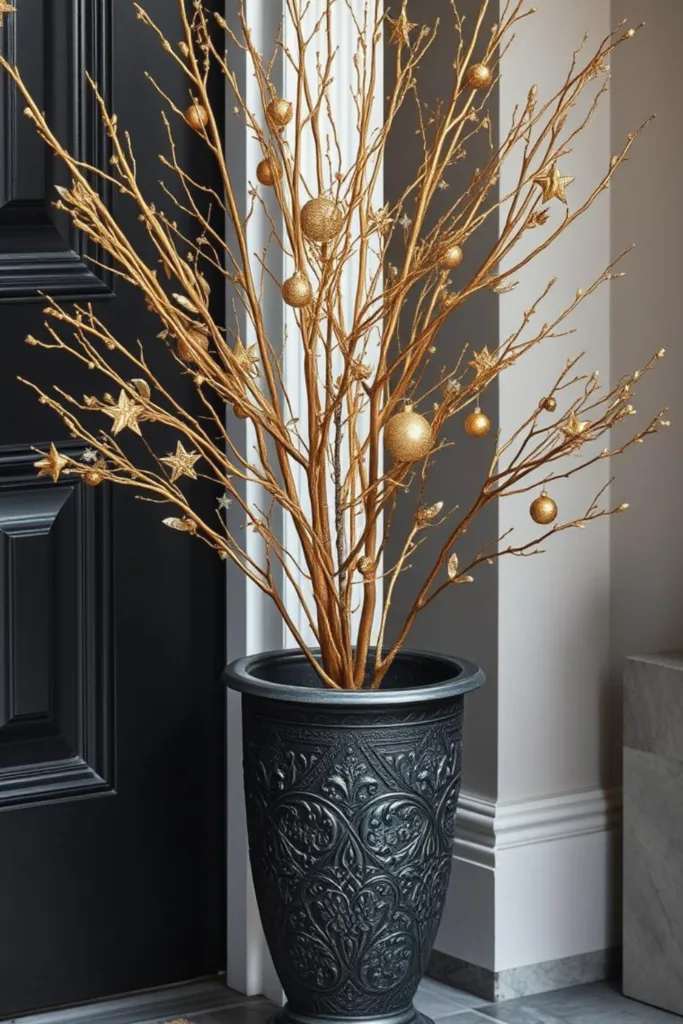 Silvesterdeko Hauseingang mit goldfarbenen Ästen und Sternen im Pflanzgefäß für festliche Wirkung