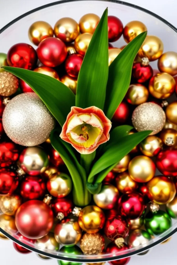 Weihnachtliche Amaryllis im Glas - 8 wunderschöne Dekoideen Weihnachtliche Amaryllis im Glas mit roten, goldenen und grünen Weihnachtskugeln dekoriert