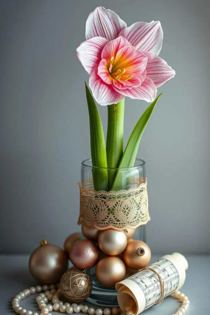 Weihnachtliche Amaryllis im Glas - 8 wunderschöne Dekoideen Weihnachtliche Amaryllis im Glas mit Spitze, goldenen Kugeln und Perlen als festliche Idee