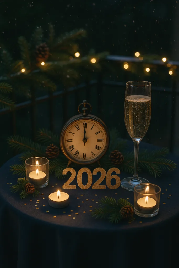 Festlich gedeckter Balkontisch mit Kerzen, Uhr und Silvesterdeko für 2026