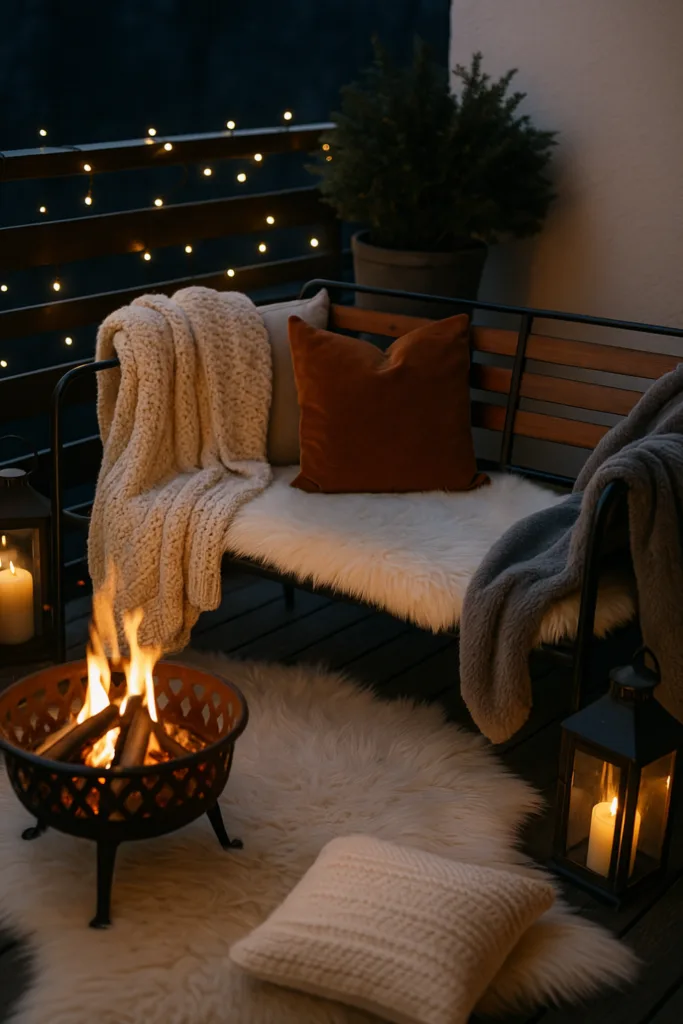 Gemütlich dekorierter Balkon mit Feuerkorb, Lichterketten und Winterdecken zu Silvester