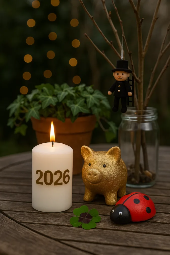 Silvesterdeko 2026 auf Terrasse mit Kerze, Glücksschwein, Marienkäfer und Kleeblatt