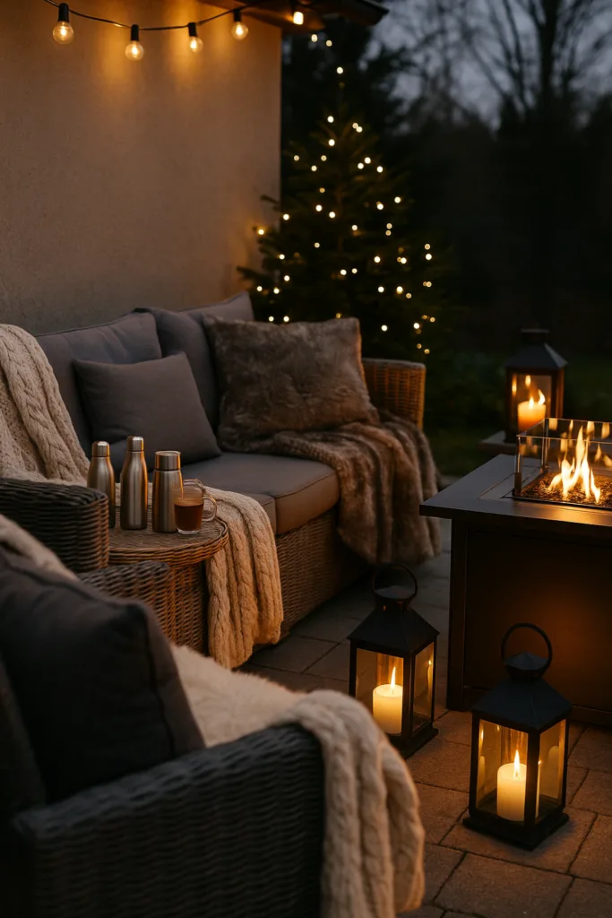 Winterliche Terrasse mit Silvesterdeko, Lichterketten, Feuerstelle und warmen Decken