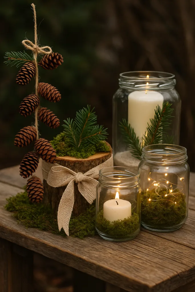 Rustikale Silvesterdeko auf Terrasse mit Kerzen, Moos und Tannenzapfen im Glas