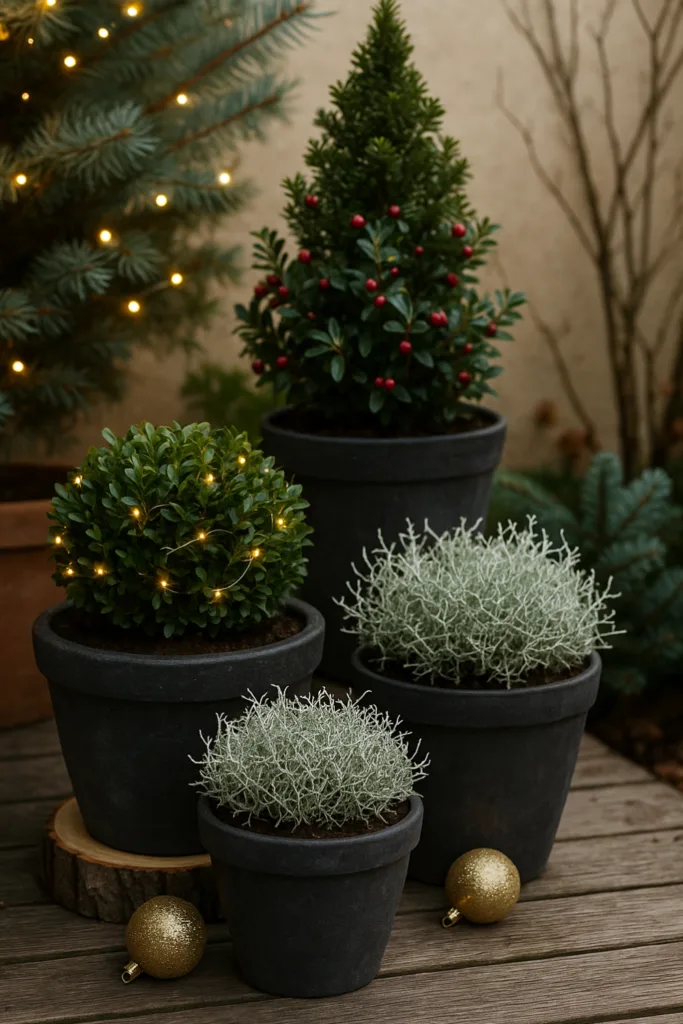 Winterliche Silvesterdeko auf Terrasse mit Buchsbaum, Silberdraht und Lichterkette in Töpfen