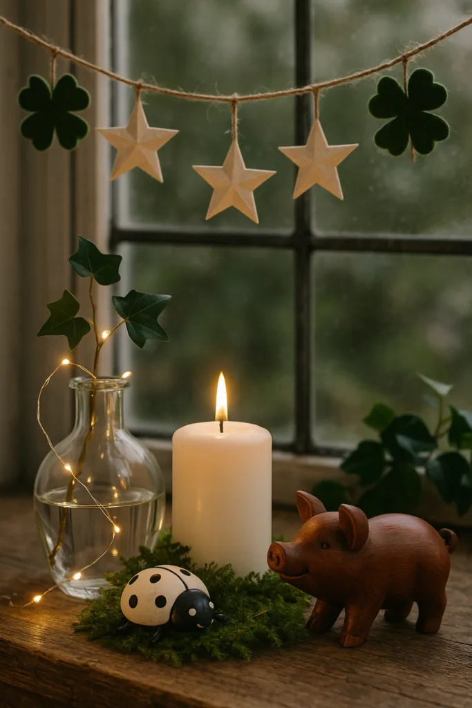 Silvesterdeko für den Wintergarten - 5 Ideen für eine unvergessliche Party Silvesterdeko im Wintergarten mit Kerze, Glücksschwein und Kleeblatt aus Naturmaterialien