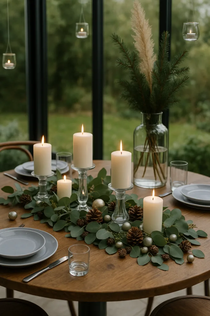 Silvesterdeko für den Wintergarten - 5 Ideen für eine unvergessliche Party Festlich gedeckter Tisch mit Kerzen und Eukalyptus als Silvesterdeko im Wintergarten