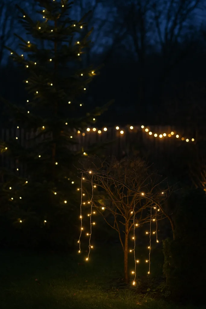 Garten mit warmweißen Lichterketten als festliche Silvesterbeleuchtung im Winter