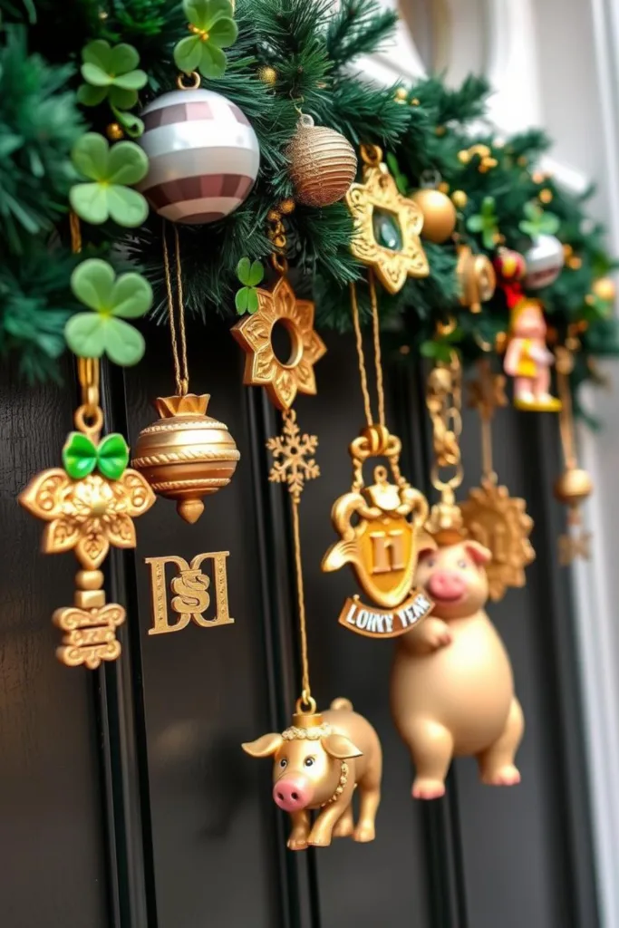 Silvesterdeko Hauseingang mit goldenen Glückssymbolen und Schweinchen für Neujahrsglück