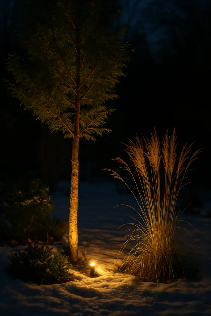Beleuchteter Baum und Ziergras im winterlichen Garten mit Silvesterbeleuchtung