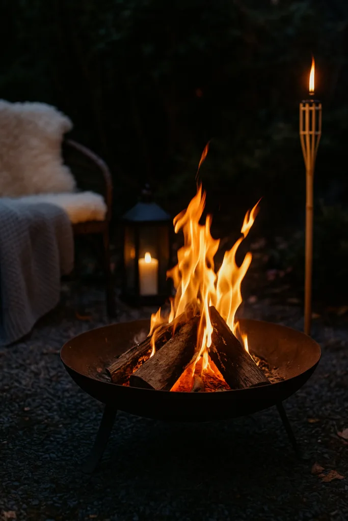 Feuerschale und Fackeln als Silvesterdeko für draußen im winterlichen Garten