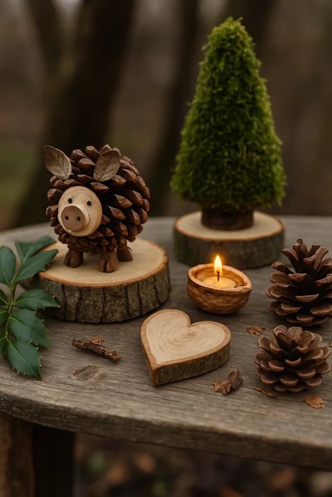 Silvesterdeko draußen mit Zapfenschwein, Moosbaum und Kerzenlicht auf Holztisch im Garten