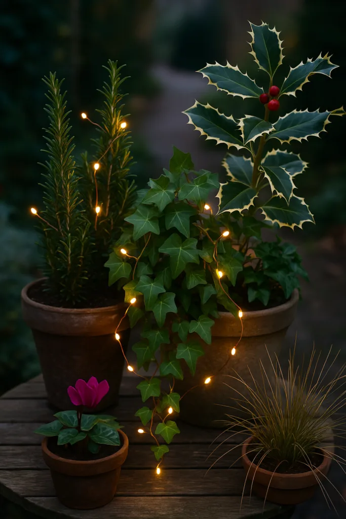 Silvesterdeko draußen mit wintergrünen Pflanzen, Lichterkette und Töpfen auf der Terrasse