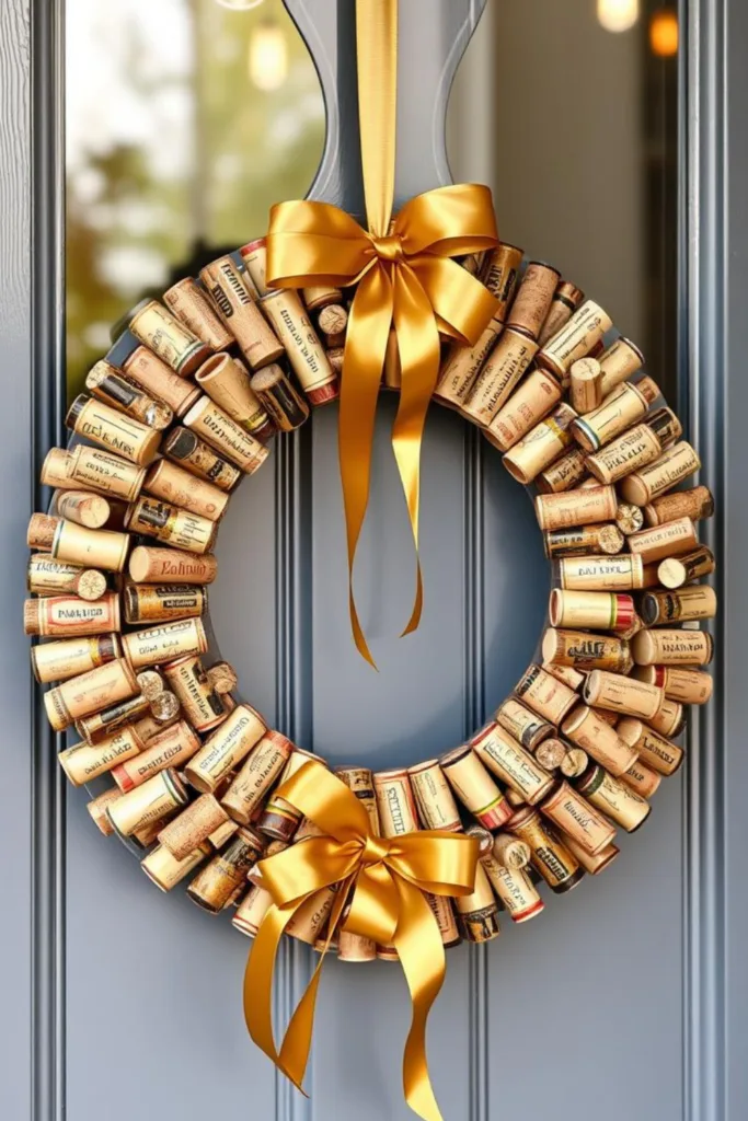 Silvesterdeko Hauseingang mit Kranz aus Korken und goldener Schleife als kreative Idee