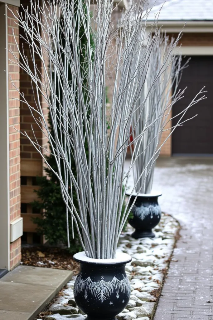 Silber lackierte Zweige in dunklen Pflanzgefäßen als moderne Silvesterdeko für die Einfahrt