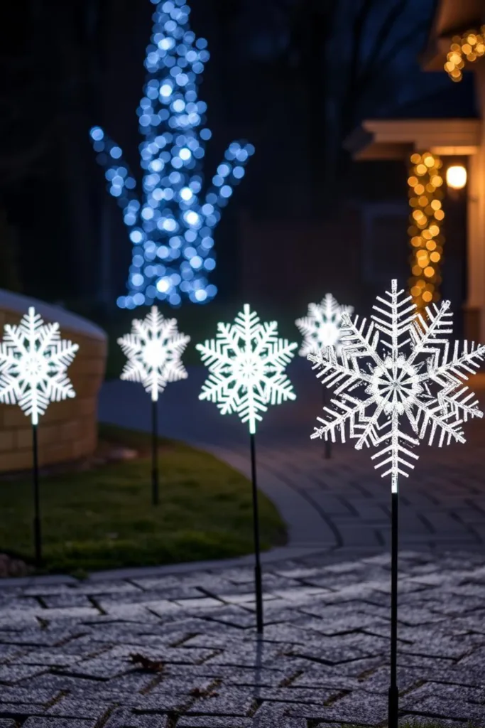 Beleuchtete Schneeflocken entlang der Einfahrt als stimmungsvolle Silvesterdeko mit Lichteffekten