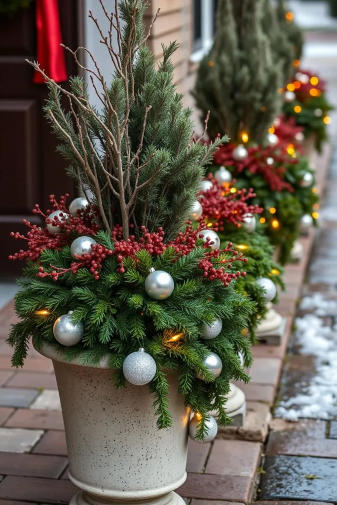 Winterliche Pflanzkübel mit grünen Zweigen, roten Beeren und Kugeln als Silvesterdeko Einfahrt
