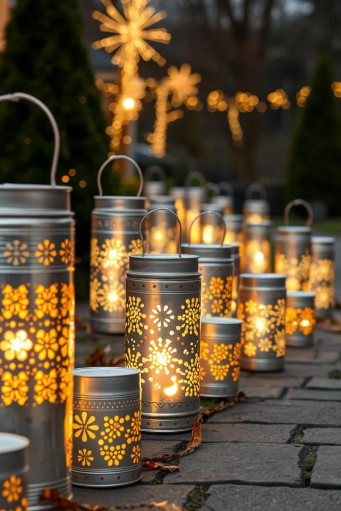 Metalllaternen mit Lichtmustern als stimmungsvolle Silvesterdeko entlang der Einfahrt