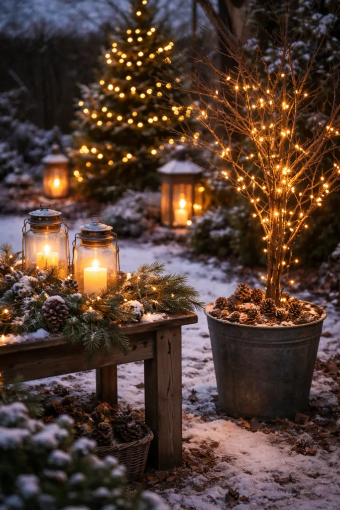 Winterdeko Garten mit Lichterketten, Laternen und Tannenzweigen im Schnee