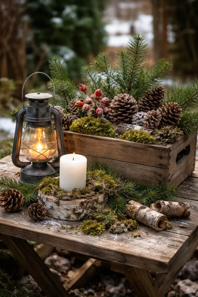 Rustikale Winterdeko mit Tannenzweigen, Moos und Zapfen im Garten