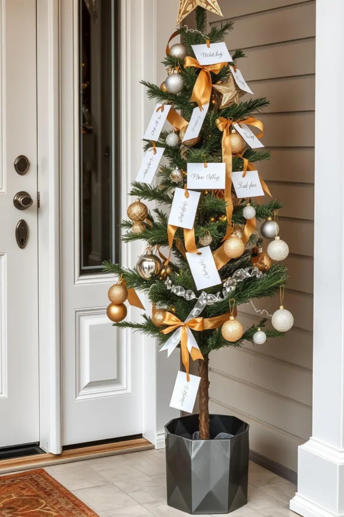 Silvesterdeko Hauseingang mit Mini-Tannenbaum, goldenen Kugeln und Wunschkarten zum Jahreswechsel
