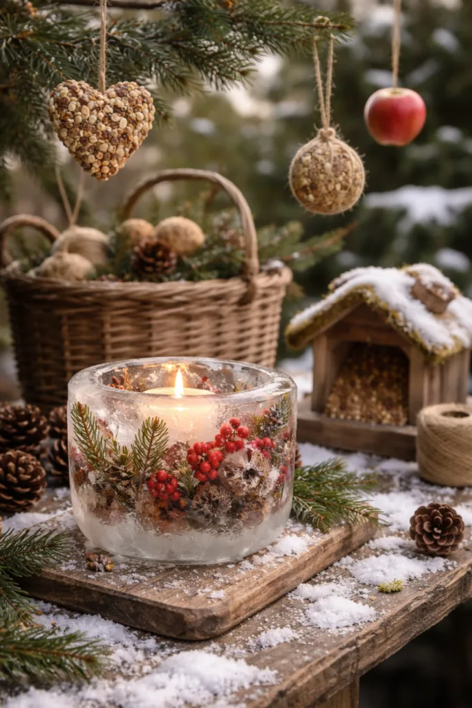 Eislicht mit Beeren und Tannenzweigen – einfache Winterdeko-Idee für den Garten