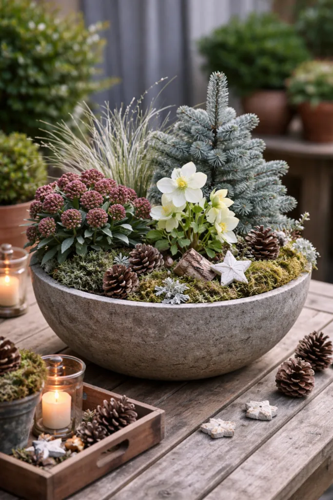 Winterdeko leicht gemacht: 5 Ideen für eine schöne Terrasse Winterdeko mit Pflanzschale und Naturmaterialien auf einer gemütlich gestalteten Terrasse