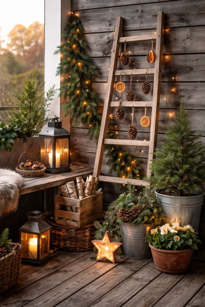Winterdeko leicht gemacht: 5 Ideen für eine schöne Terrasse Winterdeko Terrasse mit Holzleiter, Zapfen, Lichterkette und Tannenzweigen