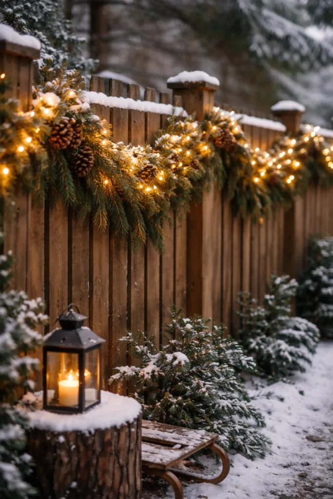 Gartenzaun im Winter: 5 Deko-Ideen mit großer Wirkung Gartenzaun im Winter mit Lichterkette, Tannenzweigen und Laterne im Schnee