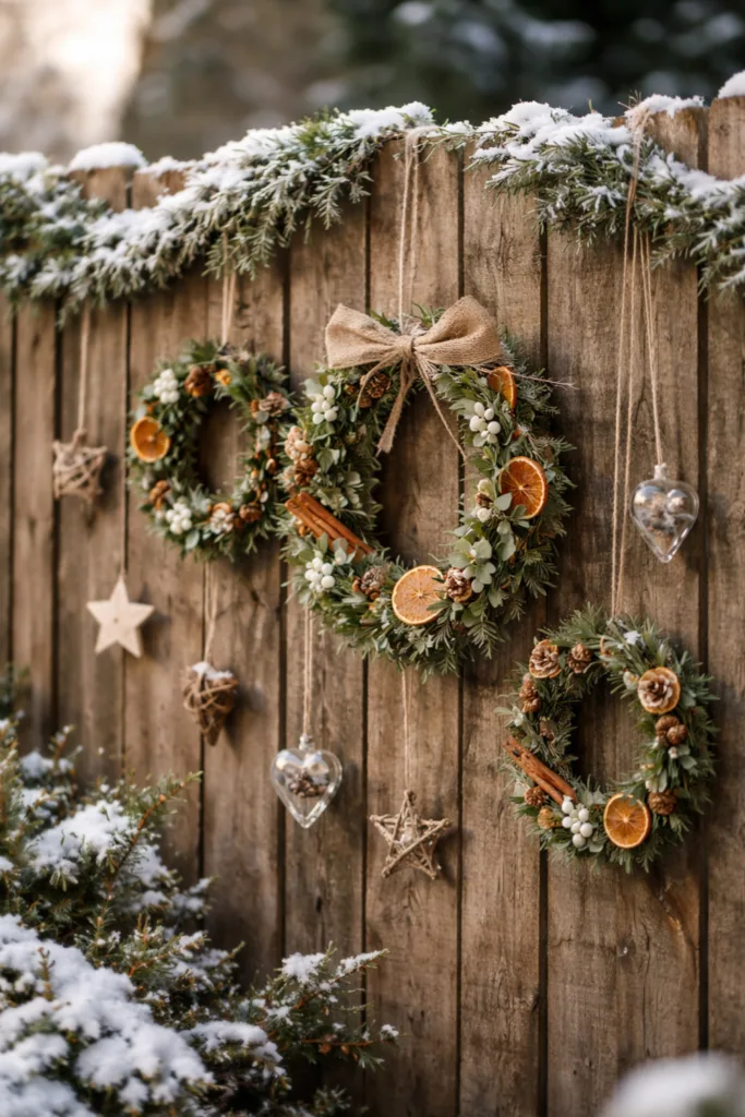 Gartenzaun im Winter: 5 Deko-Ideen mit großer Wirkung Holzzaun mit winterlichen Kränzen, Orangen, Zapfen und grüner Gartendeko im Schnee