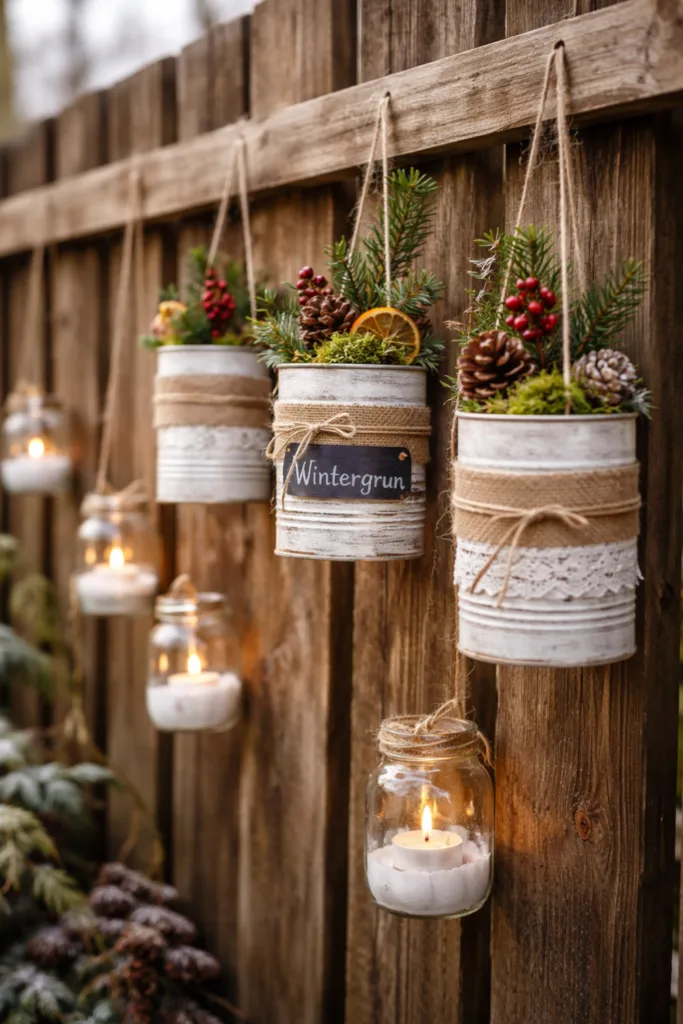 Gartenzaun im Winter: 5 Deko-Ideen mit großer Wirkung Winterlicher Gartenzaun mit Upcycling-Deko aus Konservendosen, Moos und Lichtern