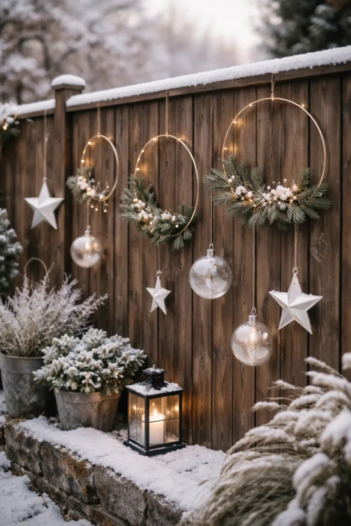 Gartenzaun im Winter: 5 Deko-Ideen mit großer Wirkung Moderner Gartenzaun im Winter mit Metall- und Glasdeko unter Schnee